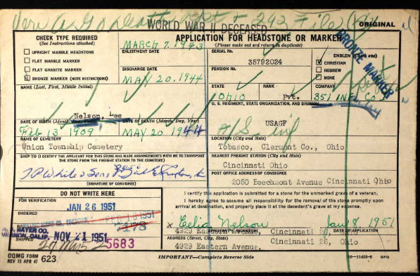 NvrForgetCinci's tweet photo. #WeRemember PVT Lee Nelson originally of Knox County, KY &amp; then of Linwood. He was married to Ceclia before enlisting. He worked as a laborer with Crosley &amp; Denker Construction. He served in the 351 Infantry &amp; was #KIA 20 May 1944. He is buried at Mt Moriah Cemetery. #WWII https://t.co/fGWxsGwHKS