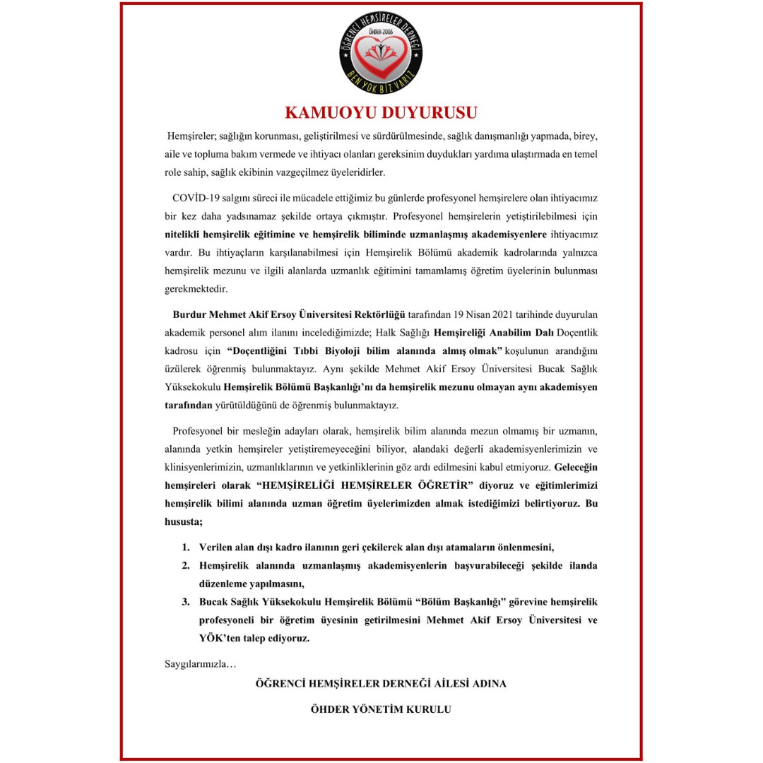 Kamuoyu Duyurusu 

Burdur Mehmet Akif Ersoy Üniversitesi Bucak Sağlık Yüksekokulu Alan Dışı Öğretim Üyesi Alımı Hakkında

Alan dışı atamaları kabul etmiyoruz!
Hemşireliği Hemşireler Öğretir!
<a href="/makuedutr/">MAKÜ</a> <a href="/makubucaksyo/">Makubucaksyo</a> <a href="/yekta_sarac/">Prof. Dr. M. A. Yekta Saraç</a> <a href="/ykalitekurulu/">Yükseköğretim Kalite Kurulu (YÖKAK)</a> @dr_ademkorkmaz