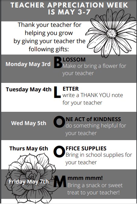 LewisvilleES's tweet image. Hello Pony family! Starting Monday, May 3rd until Friday May 7th we will be celebrating our teachers. We have included a list of a little something your child can do for his/her teacher each day of that week.
Thank you for helping us celebrate our pony teachers! #PonyStrong