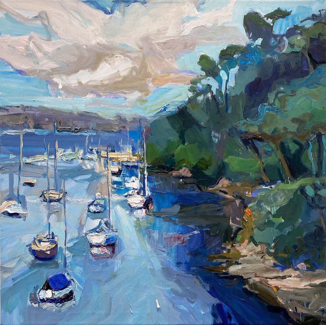RClaremont's tweet photo. Every time I paint Cremorne Point I discover something. The positioning of boats, the effect of wind on the water, the changing light. This time I observed how the colours of rocks were being reflected in the clouds. “Cremorne Point With Mirrored Clouds”, 80X80cm, oil on canvas. https://t.co/ef2C25FteU