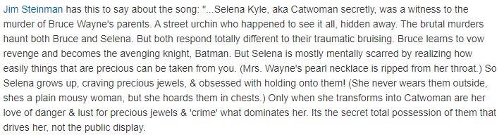 He also talked openly about a whole bunch of them, and how they related to the plot in various interviews. A lot of which has been faithfully captured over at the Jim Steinman fan wiki: e.g. here:  https://jimsteinman.fandom.com/wiki/The_Catwoman%27s_Song