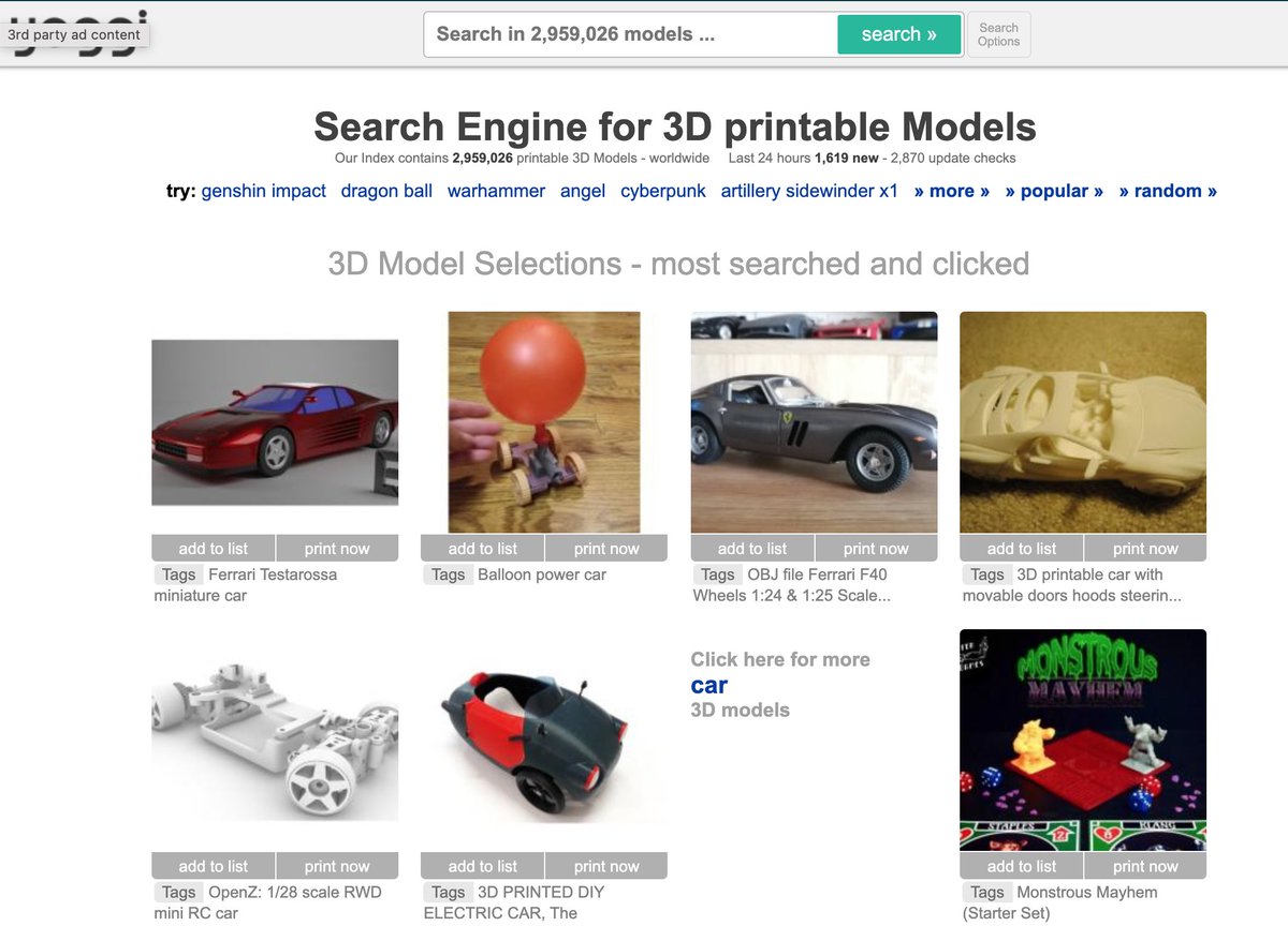 Hoy os traemos Yeggi es un motor de búsqueda que permite encontrar más de 2 millones de archivos STL disponibles en diferentes plataformas.
No te olvides de pasar por nuestra web
  👉fluid3d.es👈
#fluid3d #3dprint #stl 
yeggi.com