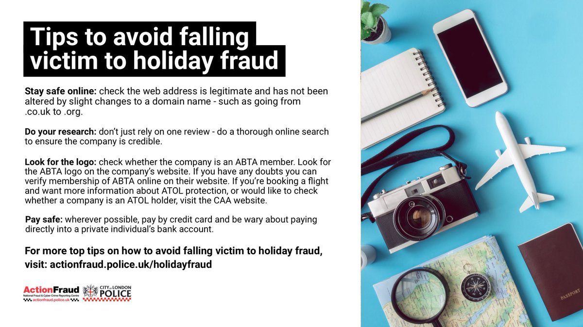reportfrauduk's tweet image. Think twice before handing over your money and personal information when booking holidays this year.

For tips on how to avoid falling victim to holiday and travel related fraud, visit: actionfraud.police.uk/holidayfraud