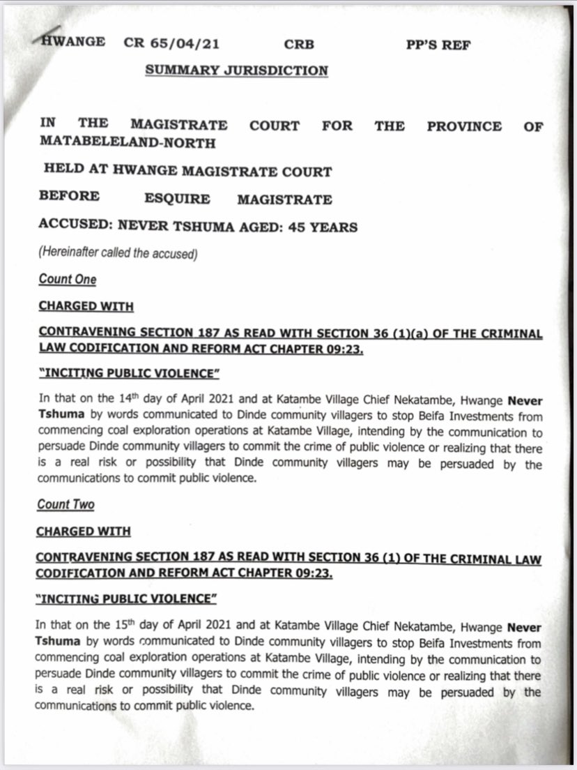 4. Tshuma is being charged with inciting public violence, the same offence for which Makomborero Haruzivishe was unjustly convicted by the regime in a different matter. Tshuma is one of the leaders who are resisting the unpopular intrusion of the Chinese company.