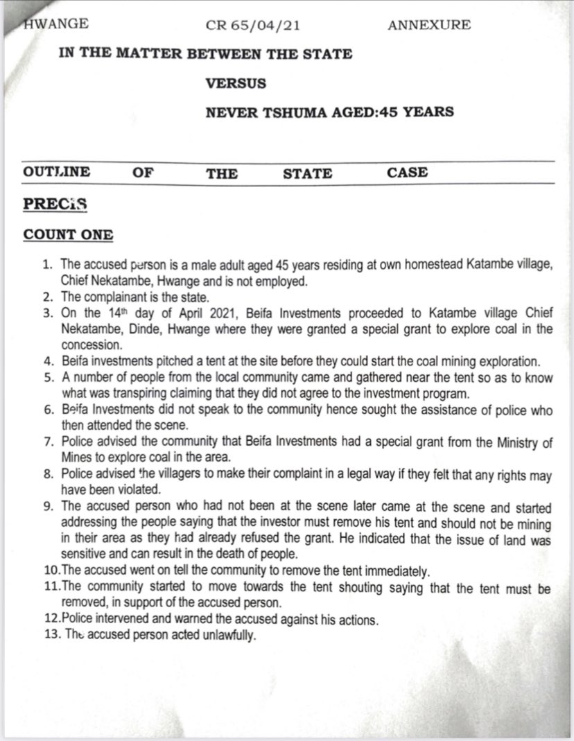 4. Tshuma is being charged with inciting public violence, the same offence for which Makomborero Haruzivishe was unjustly convicted by the regime in a different matter. Tshuma is one of the leaders who are resisting the unpopular intrusion of the Chinese company.