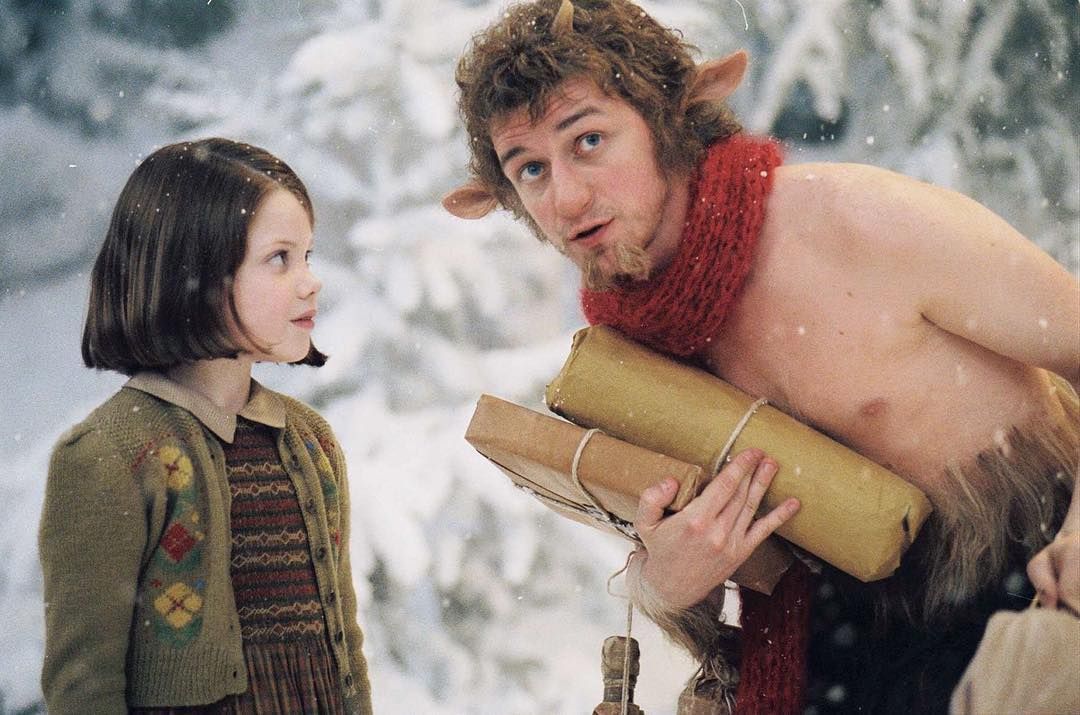 Still from The Lion, The Witch and the Wardrobe, as Mr Tumnus, he stands in...