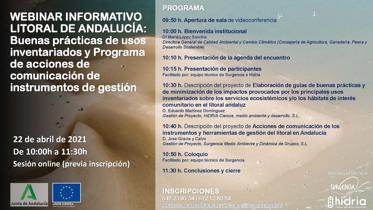📢 Mañana participamos en este webinar para presentar el proyecto que acabamos de emprender en colaboración con <a href="/AndaluciaJunta/">Junta de Andalucía</a> para la Elaboración de Guías Buenas Prácticas y Minimización de Impactos de los usos en el #litoral de #Andalucia 🏖️ 🌊¡Acompáñanos!