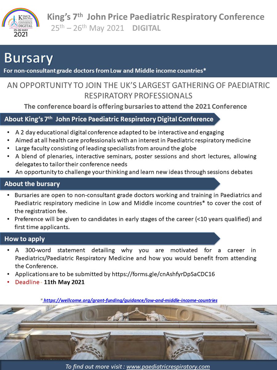 LondonPaedResp's tweet image. 👩🏾‍🏫Hello world! 🌏🌍🌎

As part of our efforts to make our conference more accessible to all healthcare professionals, we are offering bursaries to non-consultant grade doctors from low and middle income countries! (wellcome.org/grant-funding/…)

Apply now! Read more here... 👇🫁