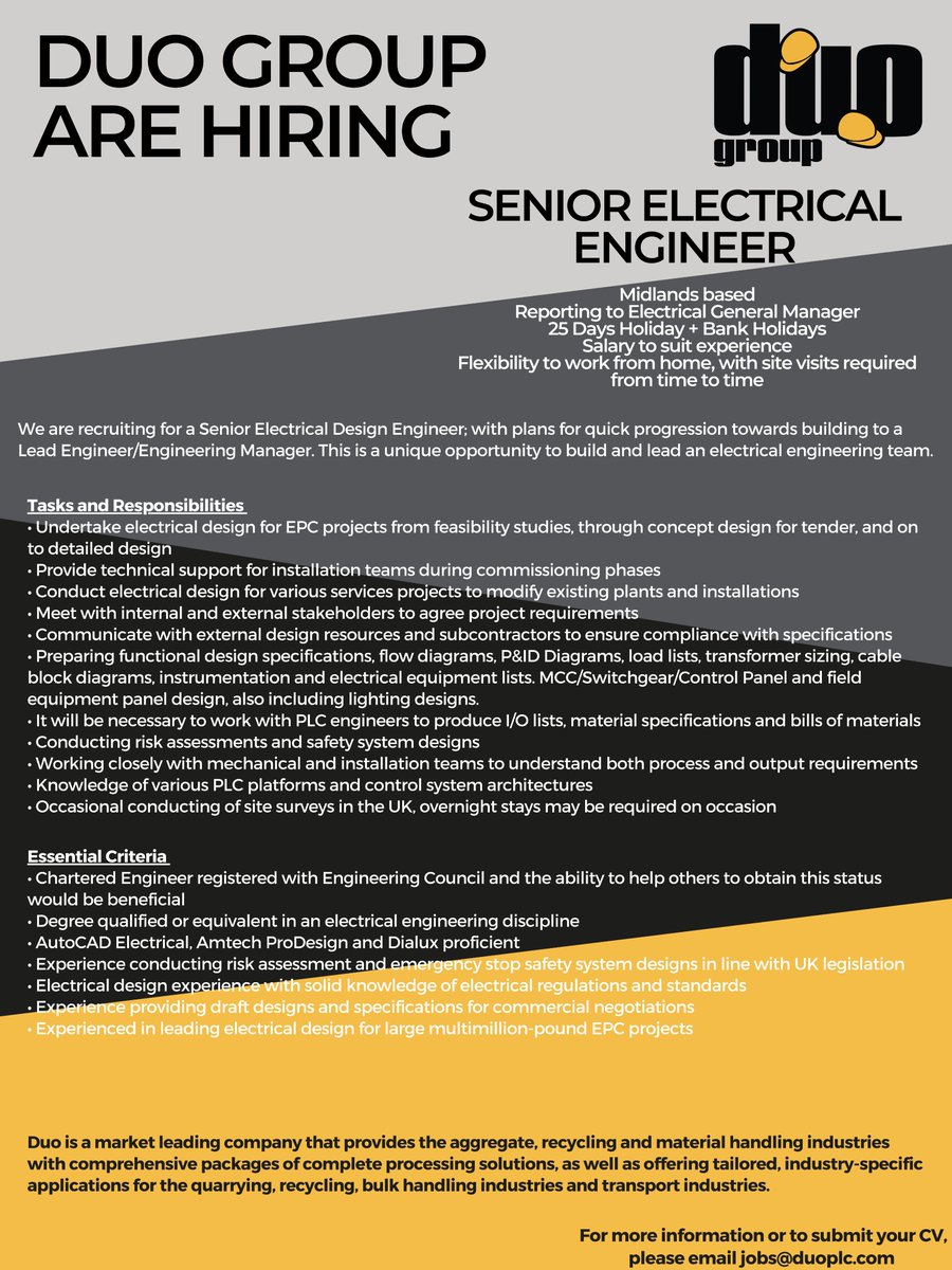 Join our team at Duo Group! Exciting new opportunity for those in Electrical Engineering - for more info please see contact details attached
#hiring #recruitment #jobs #jobsearch #careers #joinourteam #SeniorElectricalEngineer #electricalengineering #recruiting #engineering