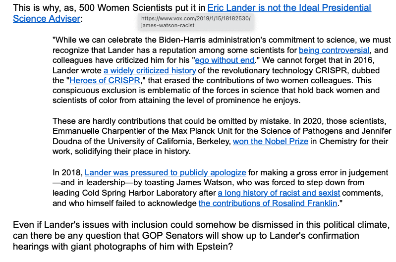 Disappointed & concerned that  https://www.commerce.senate.gov/members  WILL consider Eric Lander's OSTP nomination on 4/29.Women & BIPOC in science deserve better-please urge  @SenatorCantwell  @EdMarkey  @SenDuckworth  @ReverendWarnock &to vote NO  https://www.commerce.senate.gov/2021/4/nomination-hearing/cfae127c-0c1f-4e0d-8492-32ba7671c3c9 cc  @page88  @xeni  @heathr