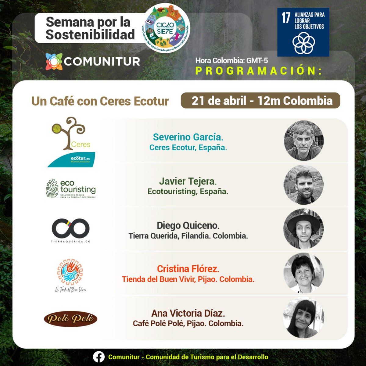 #HOY en el marco de la Semana por la Sostenibilidad #CicloSiete, y en colaboración con @COMUNITUR: 

Encuentro con iniciativas de la Red #CeresEcotur en #Colombia en torno a un café☕️

🕛12:00 (Colombia)
🕖19:00 (España)

#10añosCeresEcotur <a href="/ciclo_siete/">#CicloSiete</a>