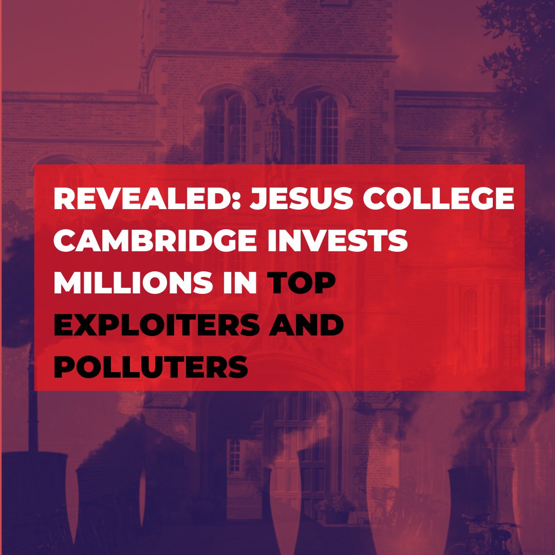 💥 New JCCJC Report Finds Jesus College, Cambridge invests £5.15 MILLION in ‘Exploitation and Extinction’💥 £807,000 in fossil fuels🛢 £4.35 million in other top exploiters and polluters💀 Not in our name @JesusCollegeCam. Read our new report here 👇🏽 drive.google.com/file/d/1G5-E7k…