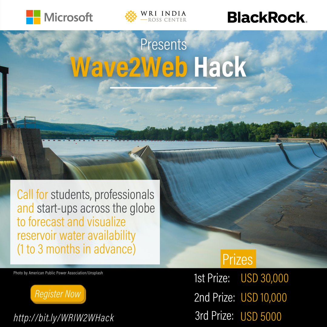 WRIIndia's tweet photo. Are you a coder/developer/UX designer/data scientist interested in making an #impact? Participate in the #Wave2WebHack by @WRIAqueduct & @WRICitiesIndia in partnership with @Microsoft & @blackrock. Win awards of up to USD 30,000. Apply - https://t.co/eCNbTVOrdi https://t.co/n7mRQ5D1cp