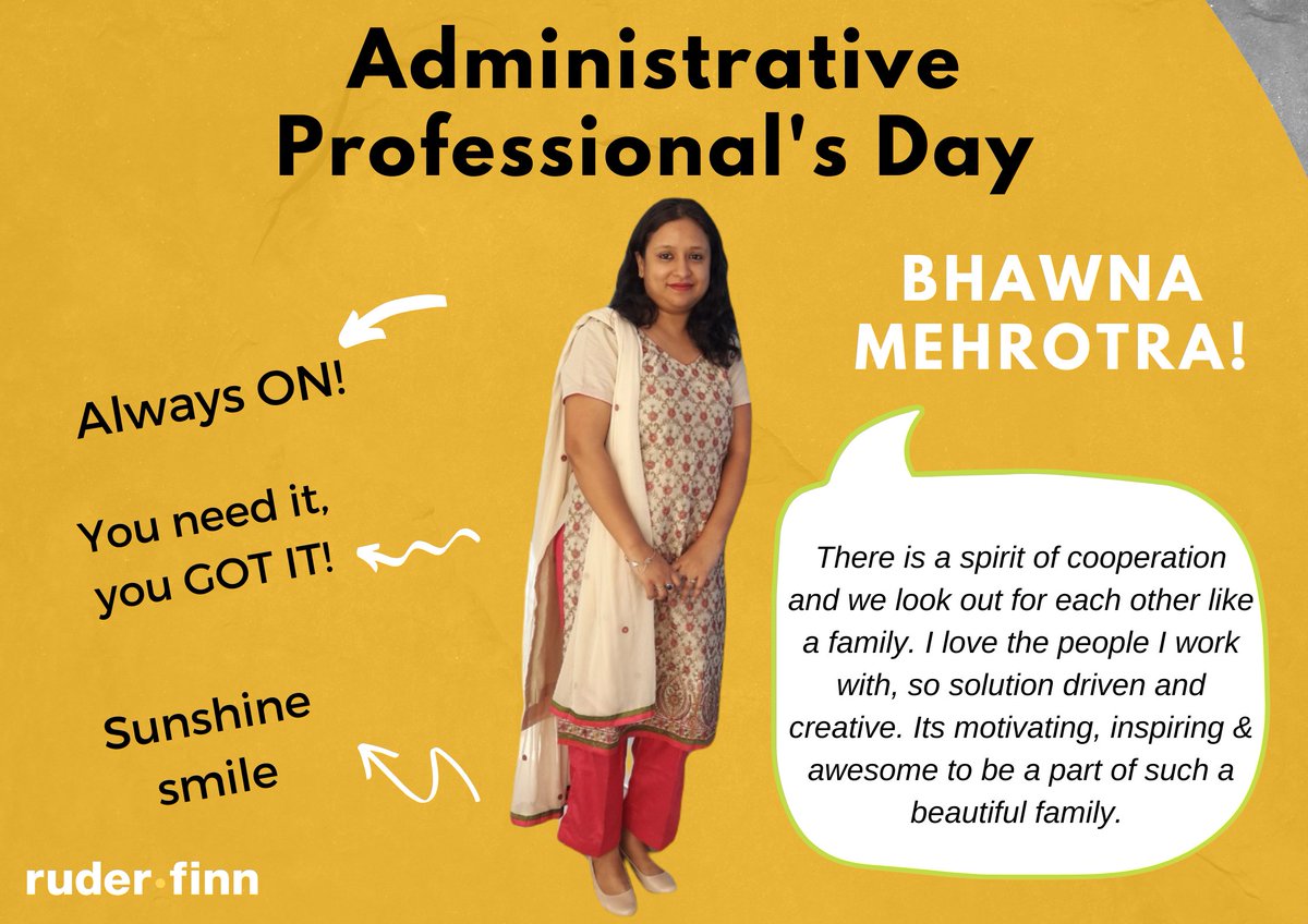 Cheers to our #administration who keep us going. Celebrating Administrative Professional Day <a href="/RuderFinnIndia/">Ruder Finn India</a>. Respect and a tight hug from all of us, <a href="/mehrotra_bhawna/">Bhawna Mehrotra</a>! #LifeatRF #RFReinvent