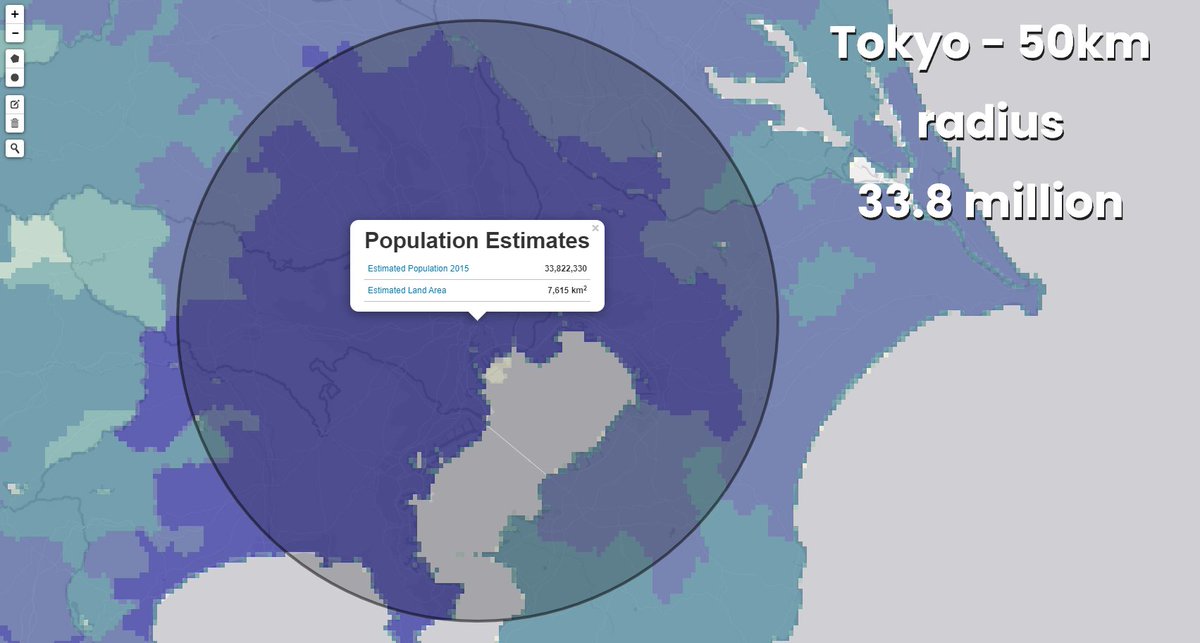 are there really a zillion people in Tokyo and not a zillion in London? That question can be answered using a simple but powerful tool like NASA's population estimator - e.g. here's what you get of you draw roughly 50km radius circles in Tokyo and London  https://sedac.ciesin.columbia.edu/mapping/popest/gpw-v4/