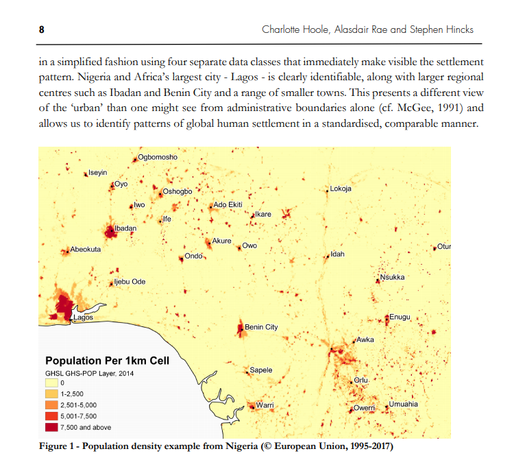 we looked at population density for the whole world, using 1km resolution data from the EU's GHSL project - e.g. here's a little snapshot of how it looks across part of West Africa, from our paper