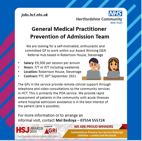HertsEast's tweet photo. As our "Prevention of Admission" service continues to grow expanding our "Remote Monitoring" service we have a number of vacant GP sessions. Click on the link below for details of how to apply @HCTNHS @marion_dunstone @charlotte35 @HUCHealthcare
https://t.co/z7ju6OxINA https://t.co/JH20sXLpGi