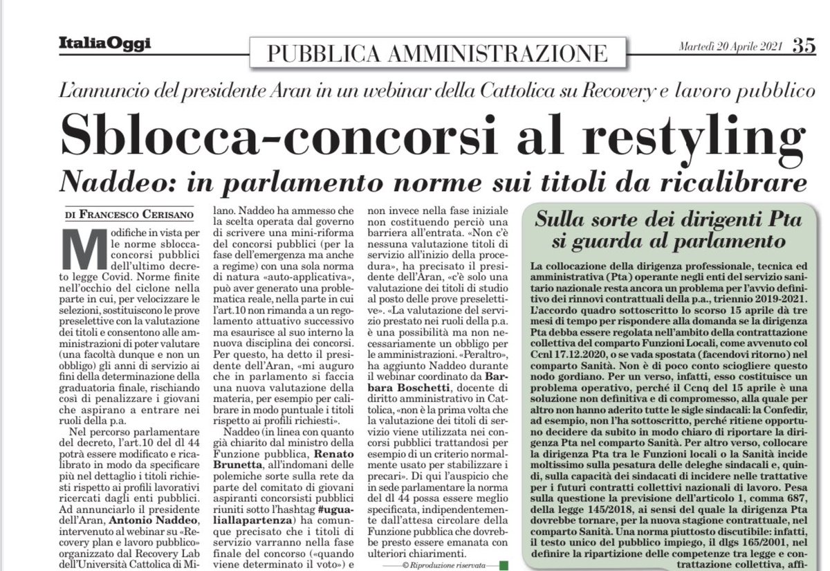 cerisano's tweet photo. Le norme #sbloccaconcorsi pubblici saranno oggetto di restyling in parlamento. La valutazione dei titoli andrà ricalibrata in funzione dei profili lavorativi richiesti. Lo ha annunciato in @Unicatt il presidente #Aran Naddeo @ComitatoPa #ugualiallapartenza https://t.co/tPbVVlfx4V