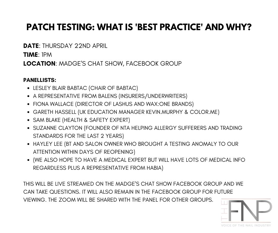 Are you in the Madge's Chat Show Facebook Group?

Patch Testing: What is 'Best Practice' and Why?

Date: Thursday 22nd April
Dime: 1pm
Location: Madge's Chat Show, Facebook Group

If you're not already a member of the group, you still have time to join ahead of this webinar!