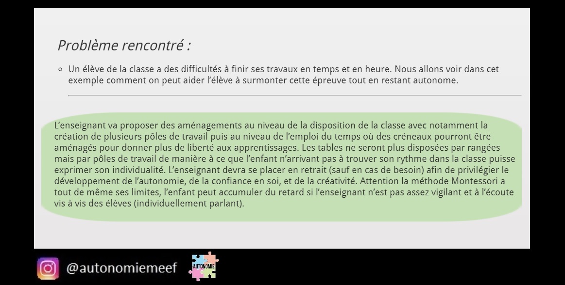 autonomiemeef's tweet image. "un élève de la classe a des difficultés à terminer ses travaux en temps et en heure."
plusieurs solutions possibles grâce à la méthode #montessori
#school #learningmethod #autonomie #apprentissage #UBS