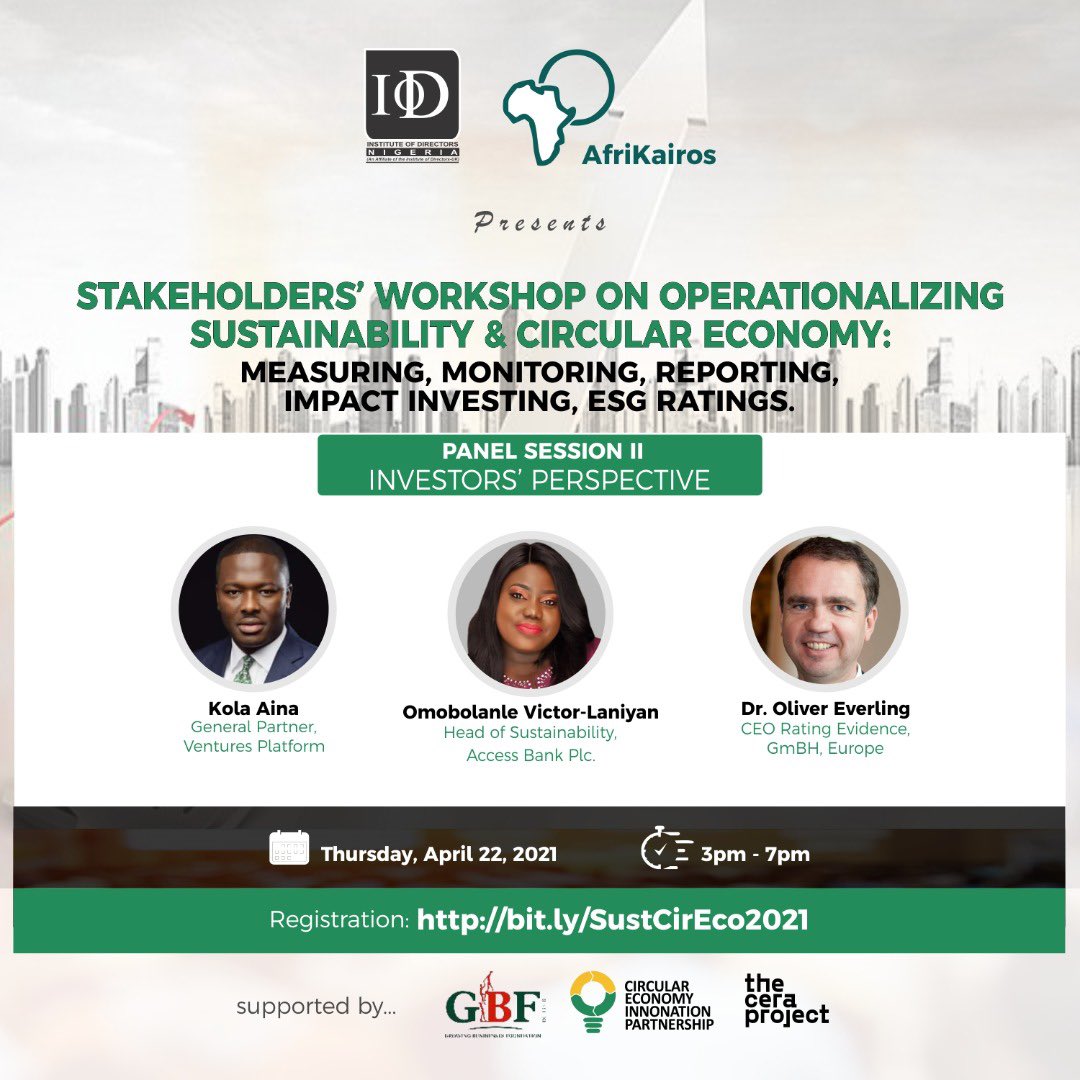 This week, <a href="/vplatformhub/">Ventures Platform Hub</a> founder <a href="/kola_aina/">Kola Aina</a> will be on the <a href="/TheIoDNigeria/">IoD Nigeria</a> panel discussing "Operationalizing Sustainability and the Circular Economy" from the investors perspective 

📅: Thursday, 22 April 2021
⏰: 3:00 PM WAT
 
Join the conversation  - buff.ly/3uXS9Wx
