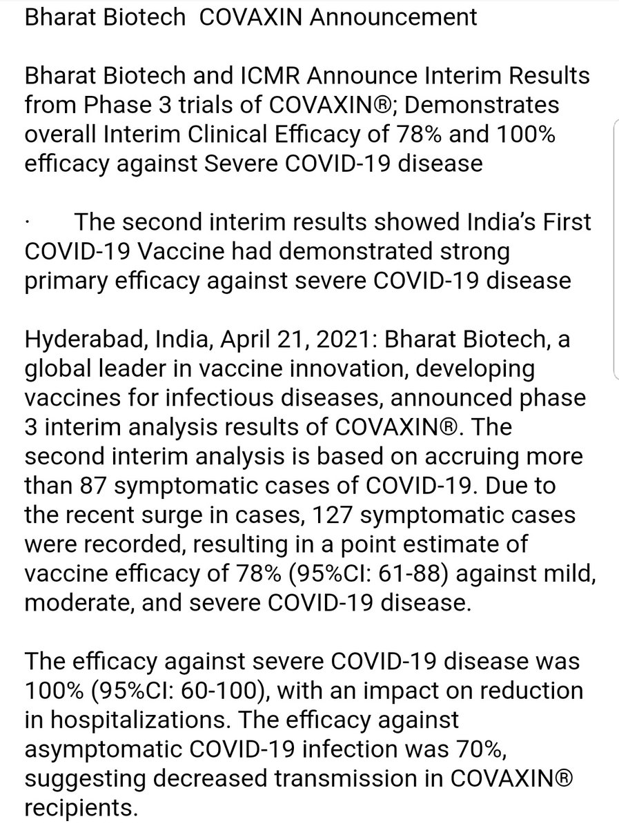 Full statement by bharat Biotech. Says,"second interim results showed India’s First COVID-19 Vaccine had demonstrated strong primary efficacy against severe COVID-19 disease"