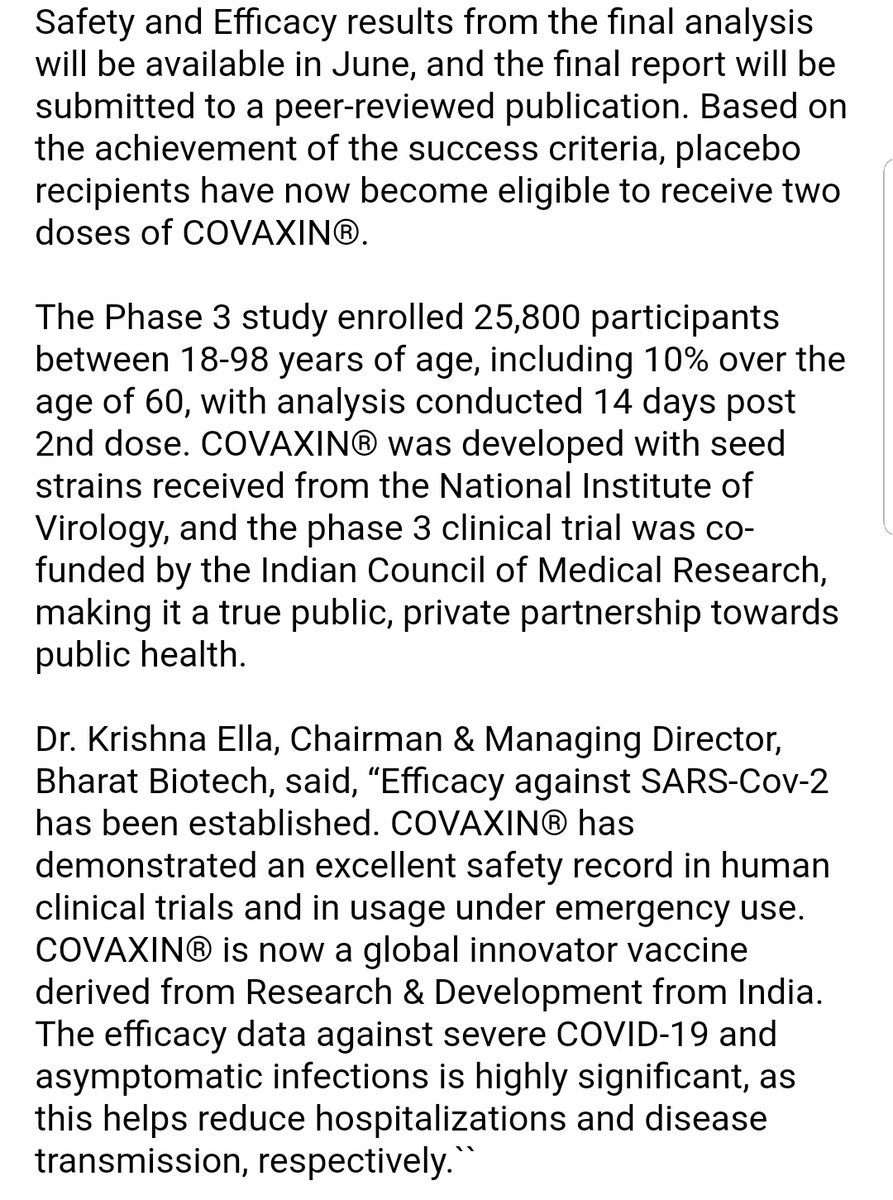 Full statement by bharat Biotech. Says,"second interim results showed India’s First COVID-19 Vaccine had demonstrated strong primary efficacy against severe COVID-19 disease"