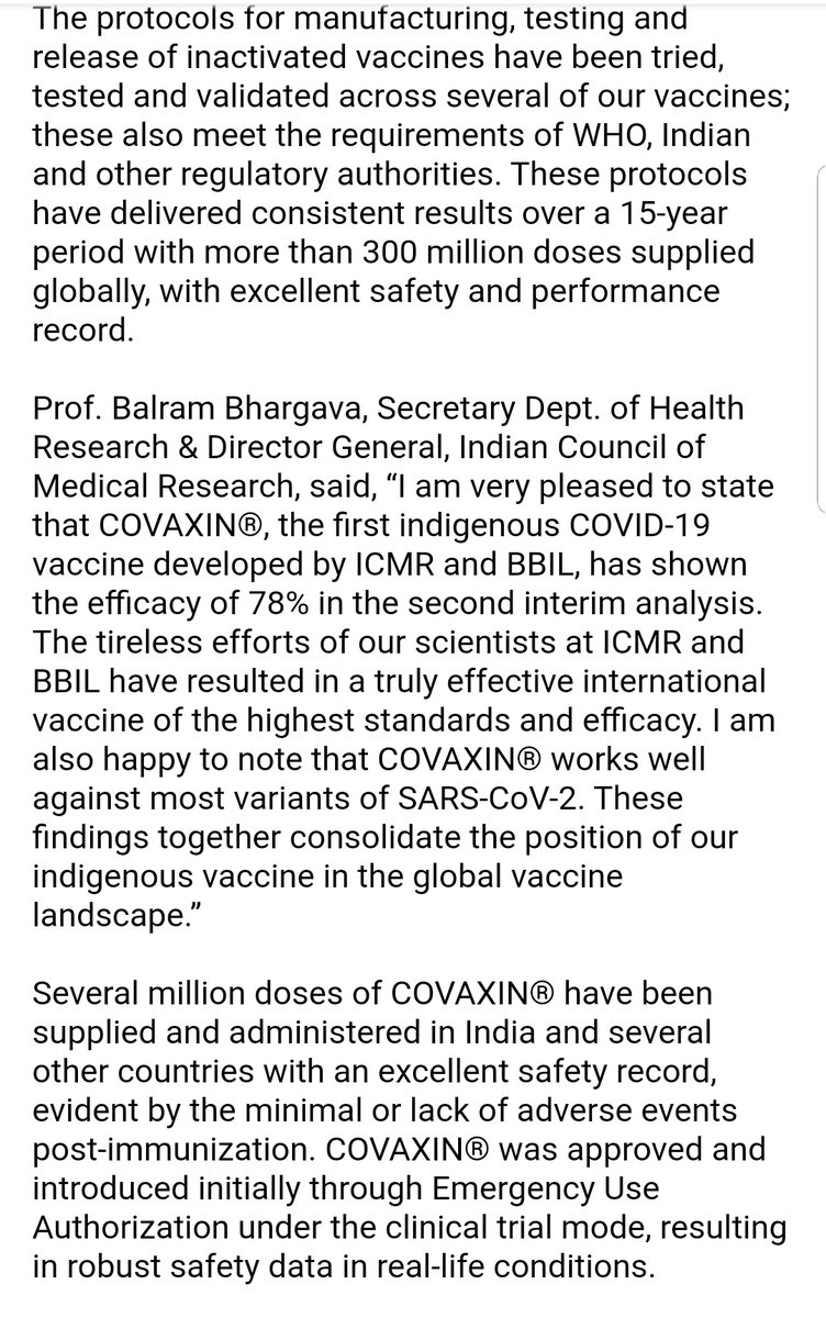 Full statement by bharat Biotech. Says,"second interim results showed India’s First COVID-19 Vaccine had demonstrated strong primary efficacy against severe COVID-19 disease"