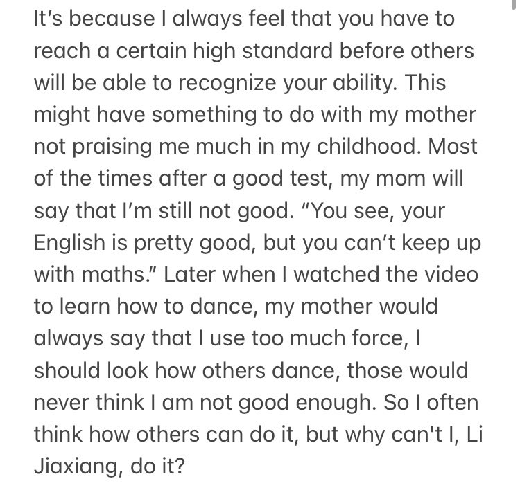 He knows his mom loves him but when it came to dancing his family would only point out the bad parts & never say things like “you did well”. this is why Jiaxiang has such high standards for himself #LiJiaxiang  #李嘉祥  #创造营2021    #Chuang2021  