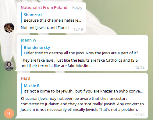 Also featured, basically everything you expect in an antisemitic forum: ➼"They are fake Jews" and Khazarian stuff➼"Not anti Jewish, anti Zionist". ➼Excited neo-Nazis with names like Blitzkrieg➼Jews were responsible for the Holodomor (Ukrainian famine)➼Holocaust denial