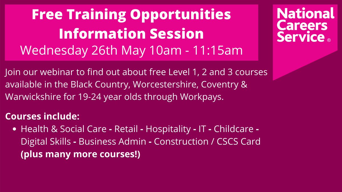 Free Training Opportunities Information Session 26th May 2021 from 10am - 11:15am. For more information visit:     careersinspiration.co.uk/West-Midlands/…
#WestMidlands