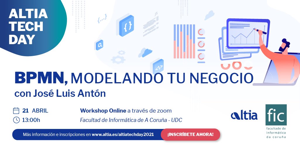 FIC_UDC's tweet photo. Hoxe ás 13:00h comeza o obradoiro #AltiaTechDay "BPMN, modelando o teu negocio", no que José Luis Antón, falará do modelado de procesos de negocio a alto nivel.
Con @altianews e @FIC_UDC.
Inscríbete https://t.co/9h7XJe9Hec
Esperamoste! https://t.co/GqImPl7wWH