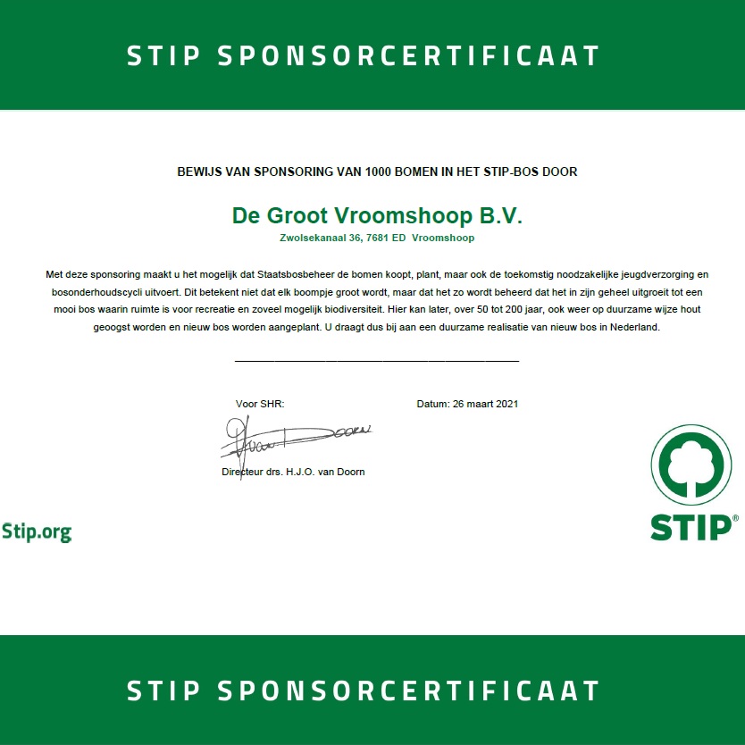 Wij bouwen bewust met hout, omdat dat de wereld mooier maakt! Als STIP-certificaathouder maken wij alleen gebruik van duurzaam geproduceerd hout. Zo zetten wij ons in voor duurzaam en verantwoord bosbeheer. Wij steunen met die reden ook het nieuwe STIP-bos met 1.000 bomen.