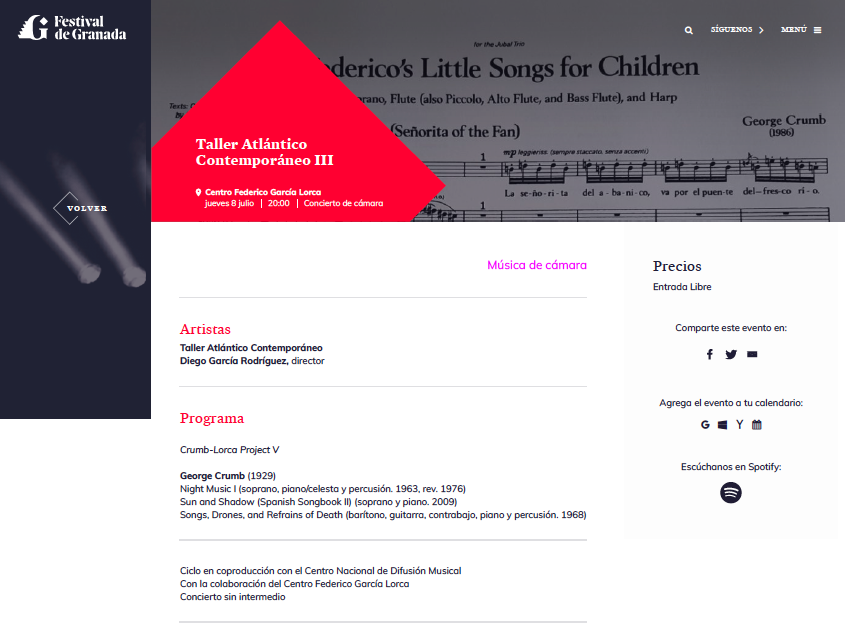 We are very proud to be part of the 70th edition of the Spectacular <a href="/FestivalGranada/">Granada Festival</a> 
 Three concerts, performing a very special program. CRUMB-LORCA project: 6th, 7th and 8th of July 2021.
<a href="/Talleratlantico/">Taller Atlántico Contemporáneo (TAC)</a>  @dieghogr <a href="/amoral07/">Antonio Moral</a> @centrolorca