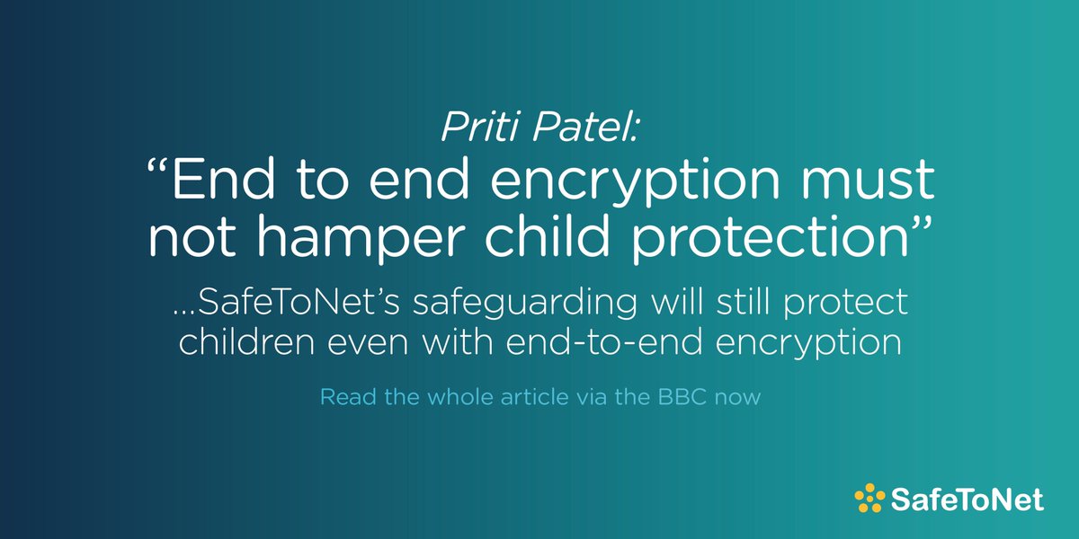 SafeToNet's tweet photo. The Home Secretary @pritipatel warned that Facebook’s encryption could jeopardise work to combat child abuse. We’re proud to provide the software needed to protect children across social media sites, messaging apps and chatrooms, even encrypted ones.
#Safeguarding #SafeToNet https://t.co/5urBkGny4t