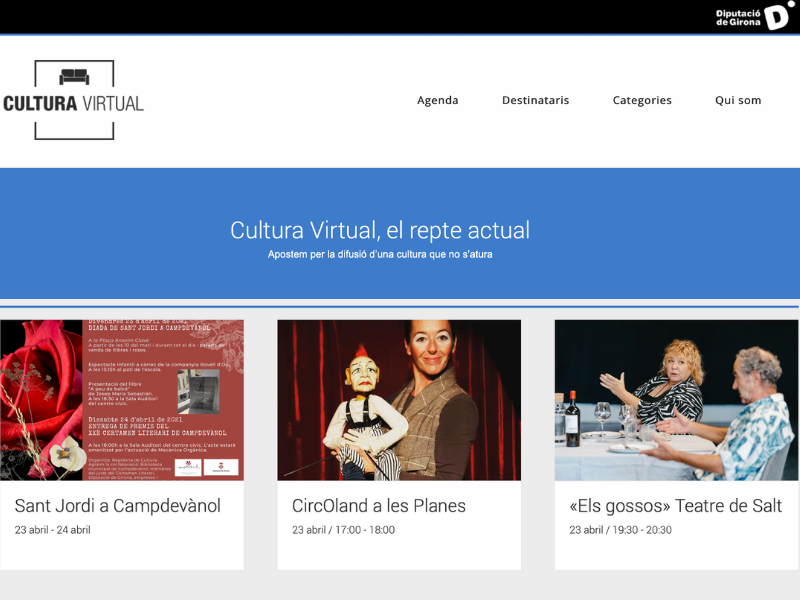 DiputacioGirona's tweet photo. 🎭🎨🎬Apostem per la difusió d’una #cultura que no s’atura!
💻A #CulturaVirtualDdGi podeu trobar tota la programació cultural de les #comarquesgironines: exposicions, dansa, música, teatre, cultura popular, activitats educatives, circ, cinema i museus...
👉🏽https://t.co/6OH7mdi7m4 https://t.co/4CJcePx8uU