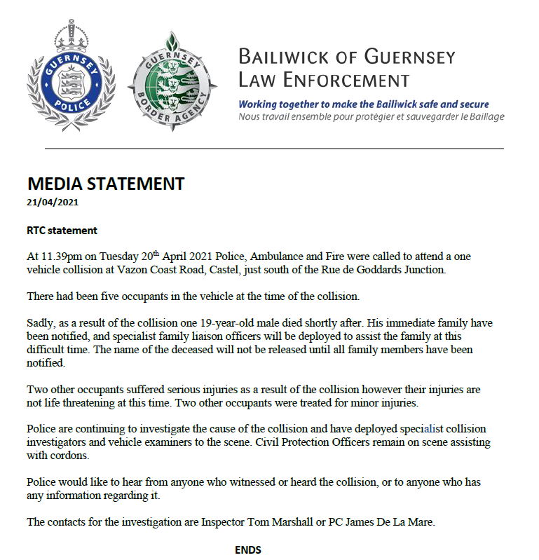 GuernseyPolice's tweet photo. Please see the below statement from Guernsey Police on an RTC which took place last night: https://t.co/3RrFosIJZO