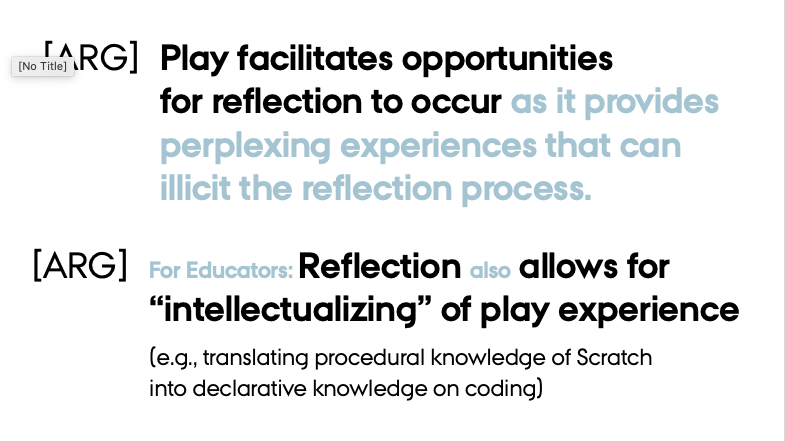 Reflection also allows for the "intellectualisation" of experience into educational knowledge. Play hereby can play an important role at introducing surprises to the agent that can then be resolved and addressed through reflection