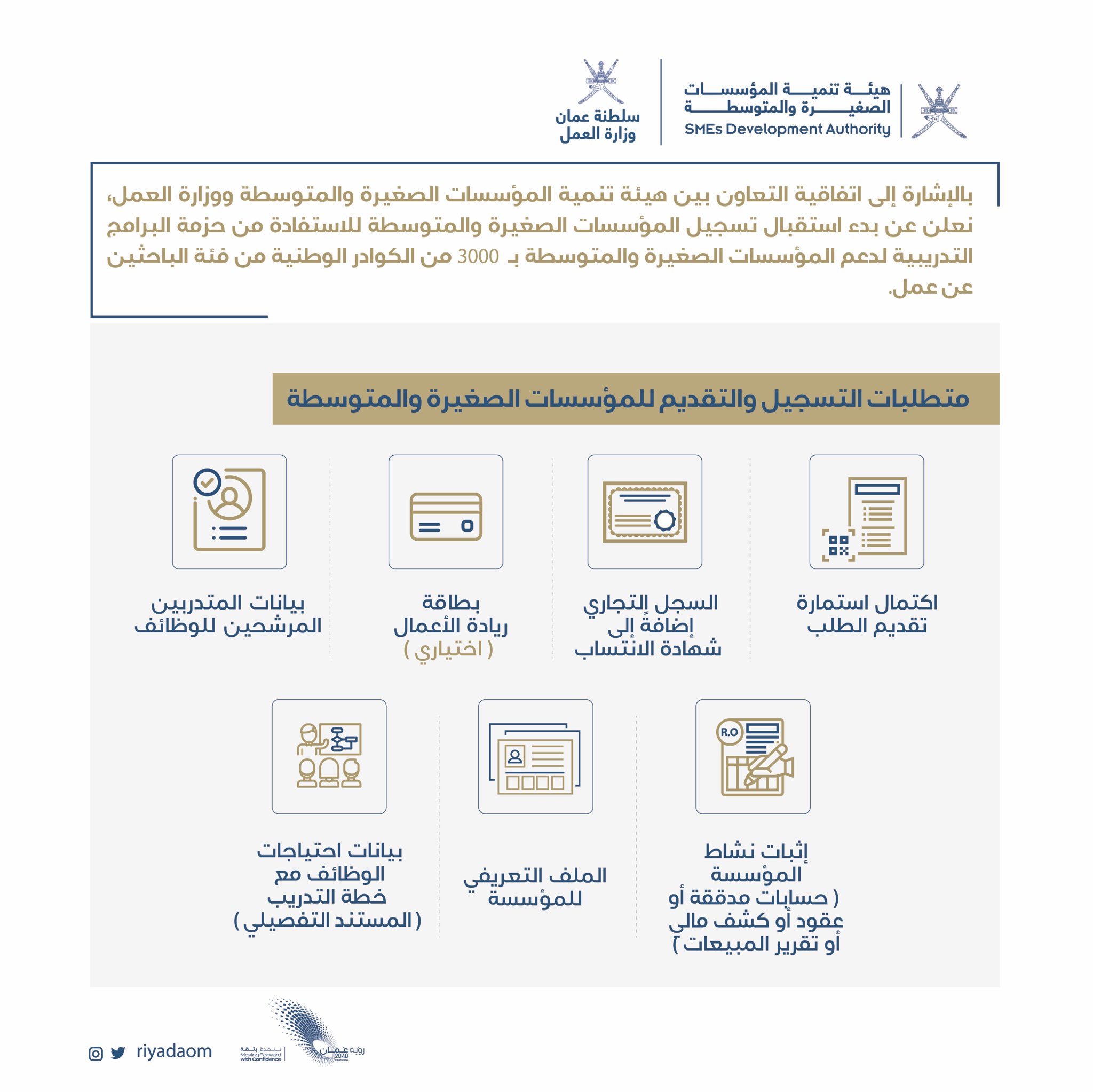 إعلان متطلبات التسجيل والتقديم للمؤسسات الصغيرة والمتوسطة تزامنا مع بدء تسجيل المؤسسات الصغيرة والمتوسطة للاستفادة من حزمة البرامج التدريبية لدعم المؤسسات ب 3000 من الكوادر الوطنية من فئة الباحثين عن عمل ، والمتطلبات كالآتي : تقديم استمارة الطلب، والسجل التجاري بالإضافة إلى شهادة الانتساب، بطاقة ريادة الأعمال ، وبيانات المتدربين المرشحين للوظائف وإثبات نشاط المؤسسة ، والملف التعريفي للمؤسسة مع بيانات احتياجات الوظائف مع خطة التدريب