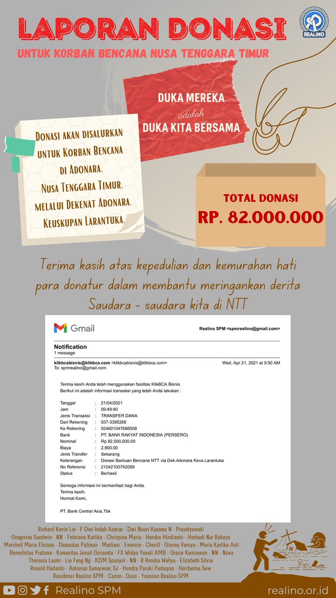Realino_SPM's tweet photo. [[ UPDATE ]] 
Laporan Donasi • Peduli NTT

Realino SPM bersyukur dan berterima kasih atas kepedulian dan kemurahan hati para donatur dalam membantu meringankan derita Saudara-saudara kita di Nusa Tenggara Timur. https://t.co/ZRBKzpI3SF