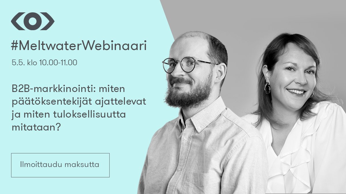 💻 Seuraavassa #MeltwaterWebinaari’ssa keskustellaan B2B-myynnistä ja markkinoinnista. Vierainamme ovat markkinointitoimisto <a href="/VapaMedia/">Vapa Media</a>'n Annika Lundström ja Mikko Rummukainen.

🗓 keskiviikkona 5. toukokuuta
⏰ klo 10-11
📍 online

Ilmoittaudu mukaan 👉 bit.ly/3n8tVGh