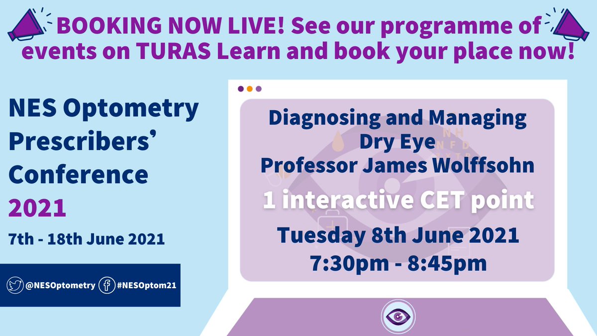 NESOptometry's tweet photo. Join Professor James Wolffsohn on Tuesday 8th June as he talks about the difficulties and advances in treating dry eye disease. Book now via Turas: https://t.co/9fEW7qCdwd
#NESOptom21 #IndependentPrescriber #Optometry #evidencebasedoptometry #earlyintervention https://t.co/dmdNAhKbw7