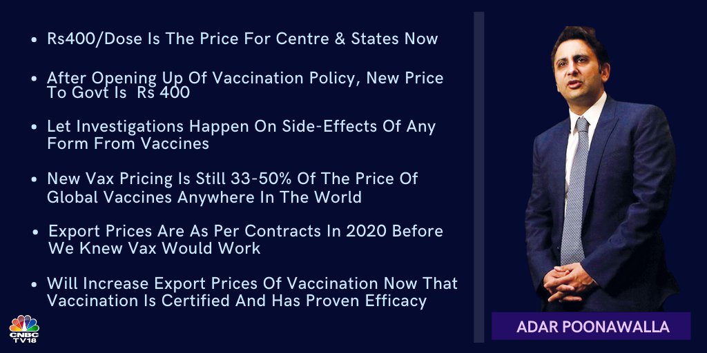 CNBCTV18Live's tweet photo. #CNBCTV18Exclusive | @adarpoonawalla, @SerumInstIndia says, Rs 400/dose is the price for centre &amp; states now https://t.co/Yj6GBL2uif
