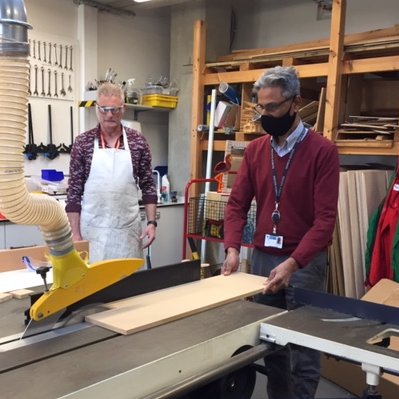 HHS_Design_Tech's tweet image. The D.T. Department spent the INSET day updating their health and safety training. Here&apos;s a photo of Mr. Kakaiya receiving his refresher training on the circular saw!