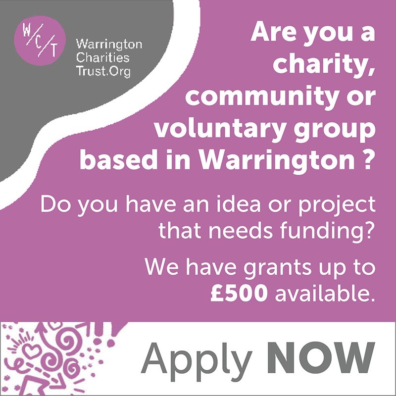 Funding available. Apply NOW via our website.
warringtoncharitiestrust.org/grant/