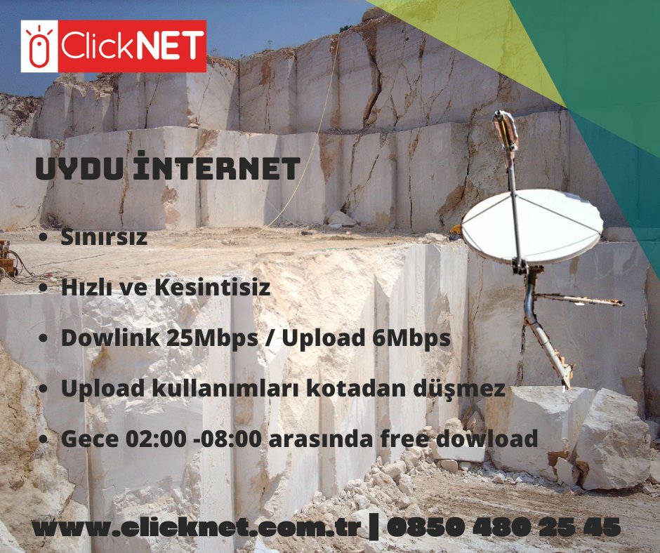 Gsm ve internet alt yapısı olmayan maden ocaklarında Clicknet ile uydu üzerinden internet hizmeti almak artık çok kolay. 
Dowlink 25Mbps / Upload 6Mbps
Upload ücretsiz
Gece 02:00-08:00 arası ücretsiz
#uyduinternet #vsat #kabant #mermerocağı #marble #madenocağı