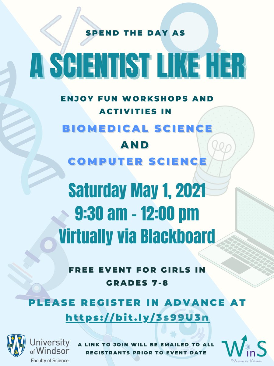 Girls in grades 7 &amp; 8 are welcome to sign up for “A Scientist Like Her.” Enjoy fun workshops and activities in #Biomedical Science and Computer Science.  Free event on May 1. <a href="/gecdsbpro/">GECDSB PR</a>  <a href="/WECDSB/">WECDSB</a> <a href="/LKDSB/">Lambton Kent DSB</a>  @SCCDSB <a href="/UWindsorCSS/">UWindsor Computer Science Society</a> #science #futurescientists
bit.ly/3s99U3n