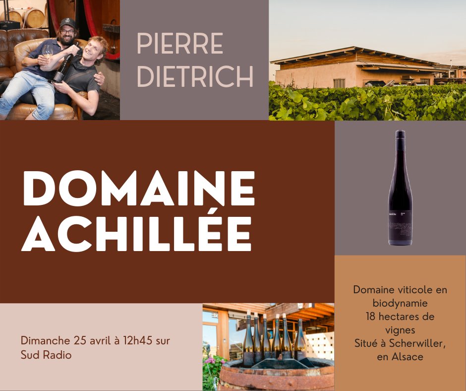 Le 4e invité du week-end ! 🍷

Pierre Dietrich est co-propriétaire du Domaine Achillée.
Tout commence en 1990, lorsque son père, reprend l’exploitation de sa famille et exploite ainsi 4,5 hectares de vignes. Il convertit l’exploitation à l’agriculture #biologique et biodynamique.