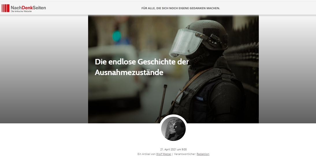 Der Ausnahmezustand schützt nicht unsere Freiheit, sondern ist (immer) eine Einübung für deren Abschaffung
Die aktuelle Diskussion über eine "Novellierung" des Ausnahmezustandes, der ganz sicher nicht das Virus besiegt, dafür den Föderalismus und den