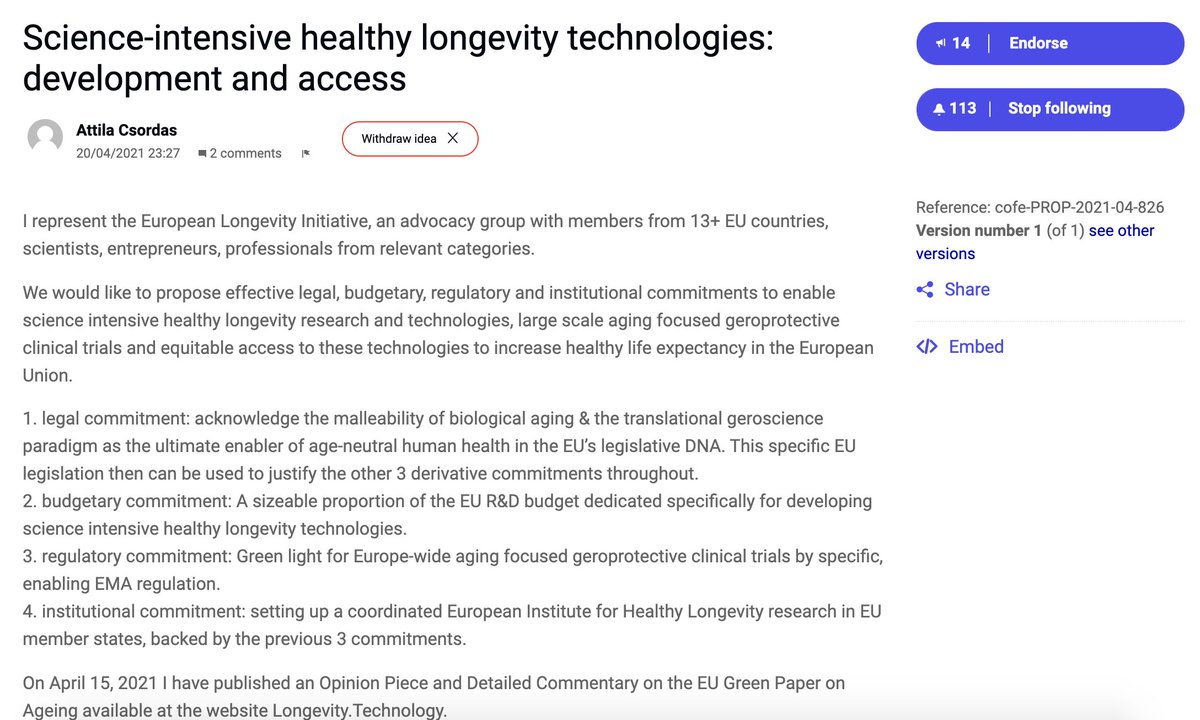 EU Citizens, please endorse European Longevity Initiative's proposal at Conference on #FutureOfEurope website, a real life political test to show your commitment to healthy longevity cause/mission at EU level, need to register first #TheFutureIsYours futureu.europa.eu/processes/Heal…